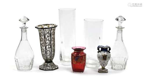 Set includes a glass pedestal vase with painted st…