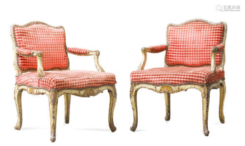 Pair of wooden armchairs carved, molded and painte…