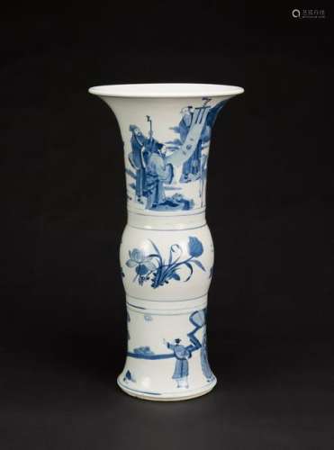 Qing Kangxi - A Blue and white figures and flowers