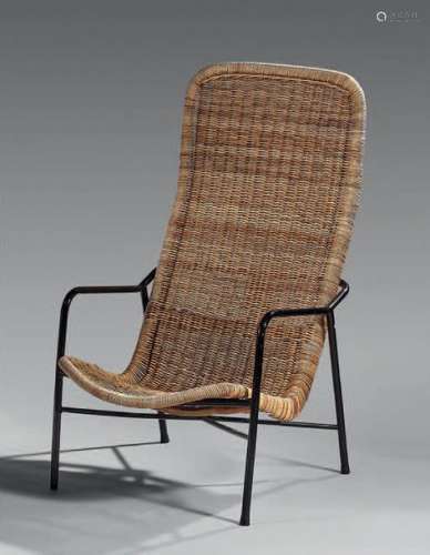 Variable reclining armchair in rattan with high ba…