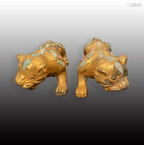 Pair of Chinese Gilded Bronze Leopards with Turquoise &