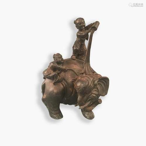 Chinese Bronze Statue of  Two Children Washing Elephant