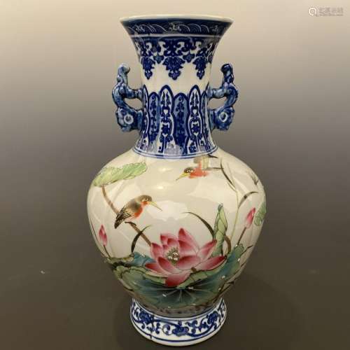 Chinese Famille Rose 'Flower & Bird' Vase with Ears