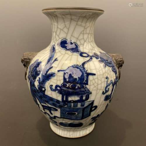 Chinese Blue & White Glazed Vase with Bronze Rim and