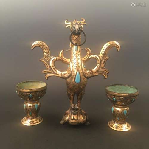 Chinese Gilded Bronze Cups with Phoenix Decoration