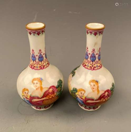 Chinese Pair of Enamel Vases with Qianlong Mark