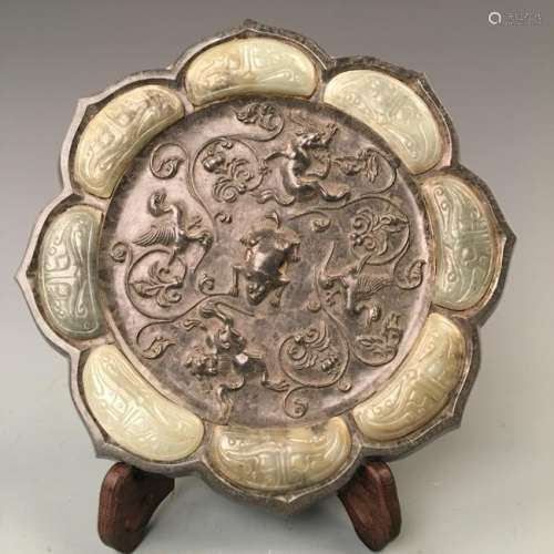 Chinese Bronze Carving Mirror With Jade