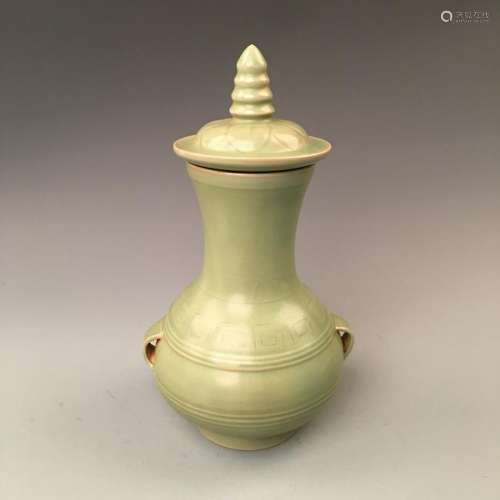 Chinese Green Glazed Bottle with Handle and Cover
