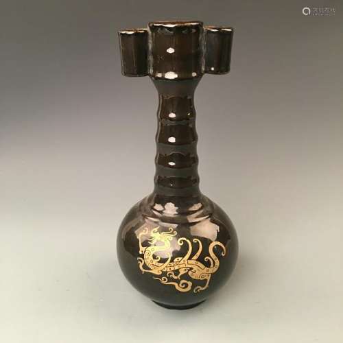 Chinese Black Glazed Vase with Golden Dragon & Phoenix