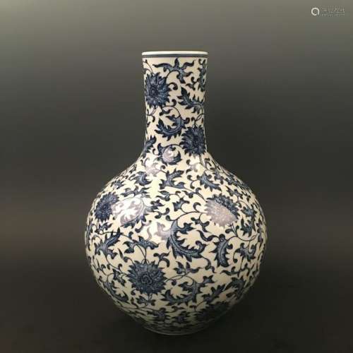 Chinese Blue and White Flower Vase with Qianlong Mark