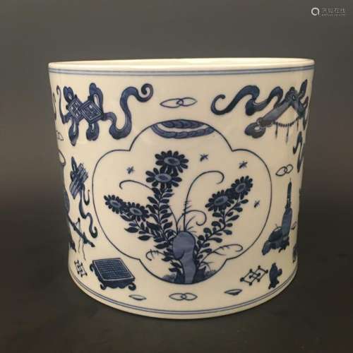 Chinese Blue and White Brush Pot with Kangxi Mark