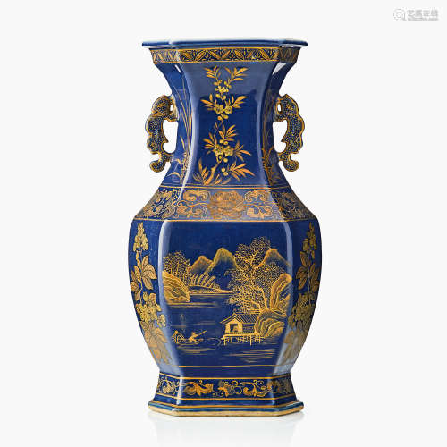 8. A Powder Blue and Gilt Hexagonal Bottle Vase