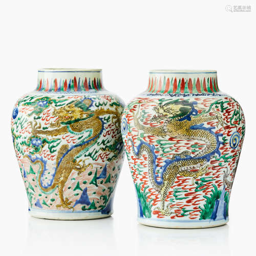 73. A Pair of Chinese Wucai ‘Dragon’ vases