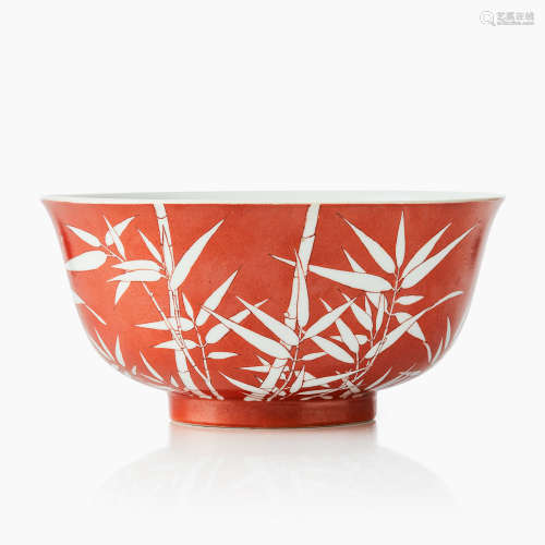 86. A Chinese Coral-Ground reverse-decorated ‘Bamboo’ Bowl