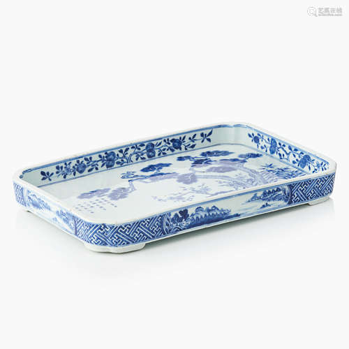 165. A Rare Chinese Large Inscribed Blue and White Rectangular Tray