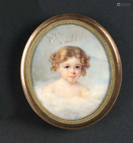 Miniature ovale: «Enfant dans les nuages», fin XIX…
