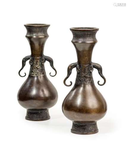 PAIR OF BRONZE PIRIFORM VASES WITH BROWN PATINA \nC…
