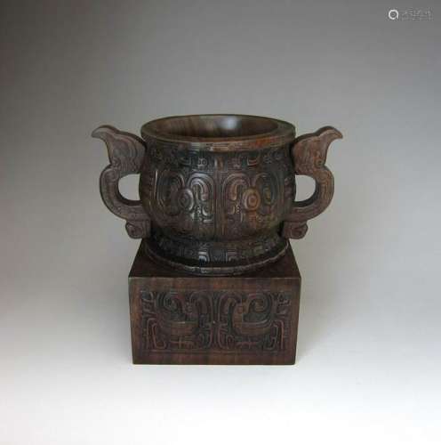 Large Chinese Carved Tan Wooden Ding(ZUN)