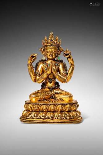 TIBET \nStatuette de Bouddha en bronze doré, à quat…