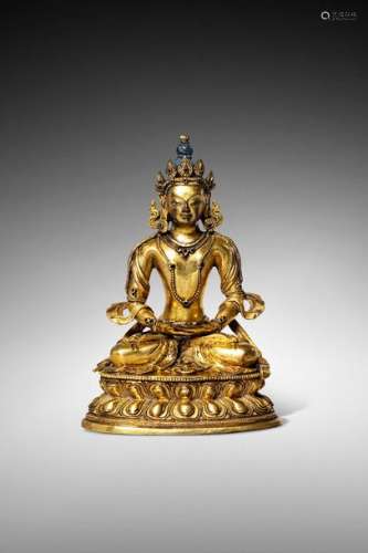 TIBET \nStatuette de Bouddha en bronze doré, assis …