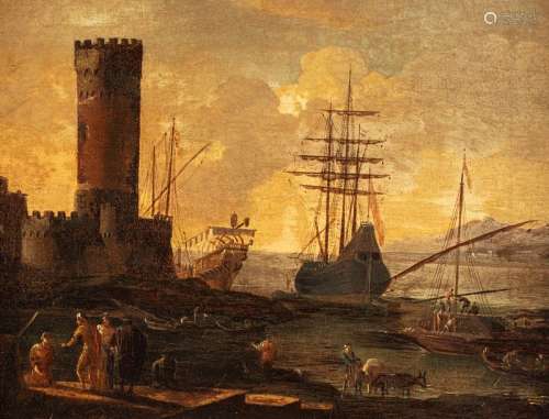 ECOLE ITALIENNE du XVIIe siècle \n \nScène de port a…