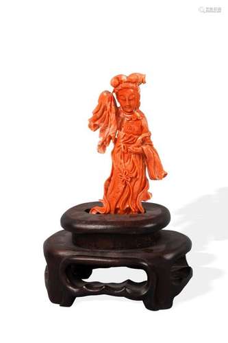 Chine, vers 1930 Statuette en corail rouge orangé …