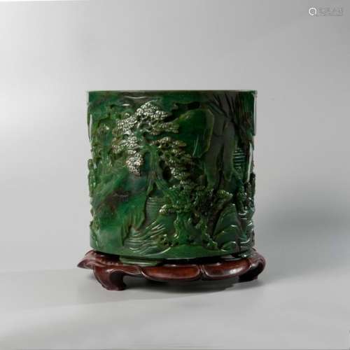 Pot à pinceau en jade épinard à décor finement scu…