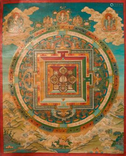 Thangka en polychromie sur toile figurant un manda…