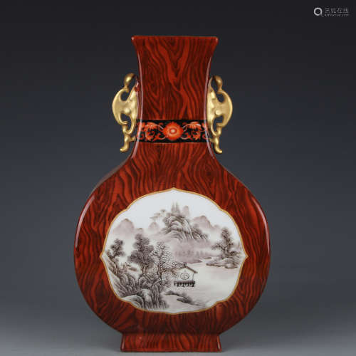 A Qianlong double ear bottle with wood pattern and landscape