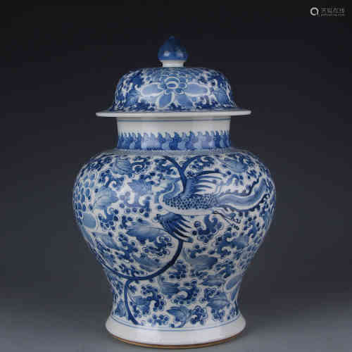 A Kangxi general pot with blue and white phoenix and flower