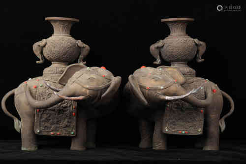 A Pair of Bronze Inlayed Elephant Vases