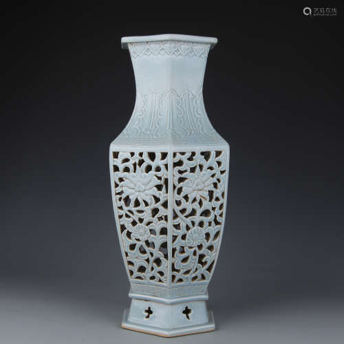 A Qingtian blue and green glazed hexagonal vase carved flower pattern