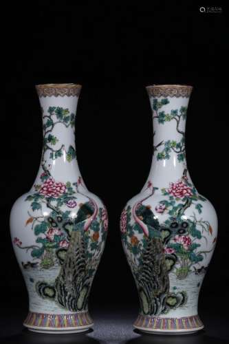 A Pair Falangcai Floral and Bird Vase Qianlong Mark