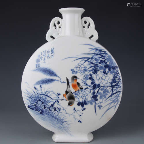 A Wang Bu's blue and white vase with flowers and birds holding the moon