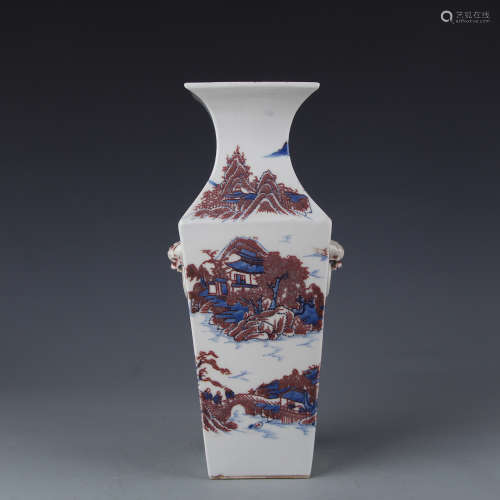 A Yongzheng square vase with blue and white glazed landscape