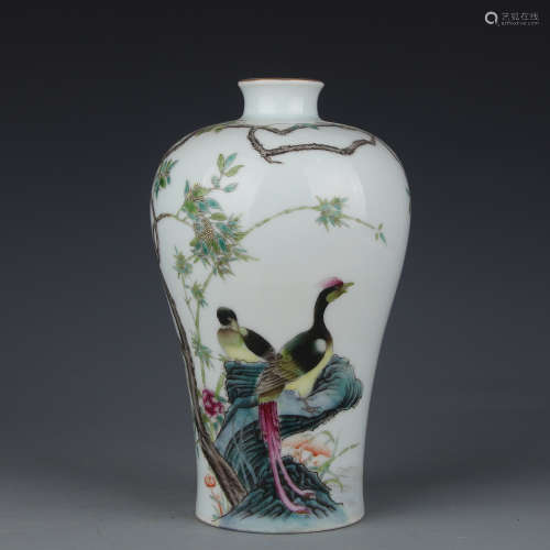 A Vase with pink flower and bird and designed figures in Yongzheng period