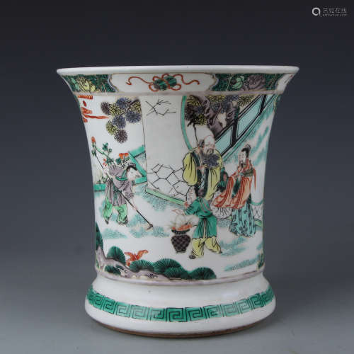 A Kangxi brush pot with colorful figure