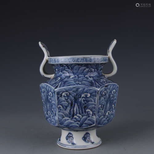 A Xuande hexagonal censer with blue and white and sea patterns