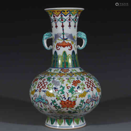 A Qianlong double ear vase with colorful twigs and flowers