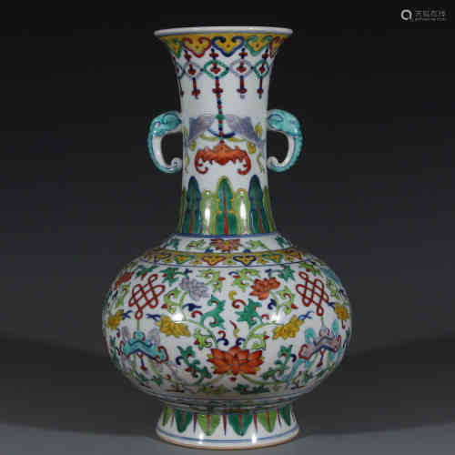 A Qianlong double ear vase with colorful twigs and flowers