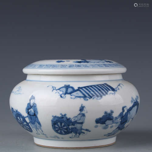 A Chongzhen blue and white figure covered pot