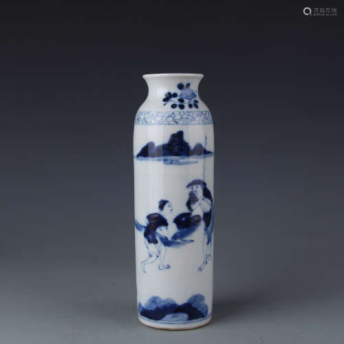 A Kangxi cylinder vase with blue and white figures