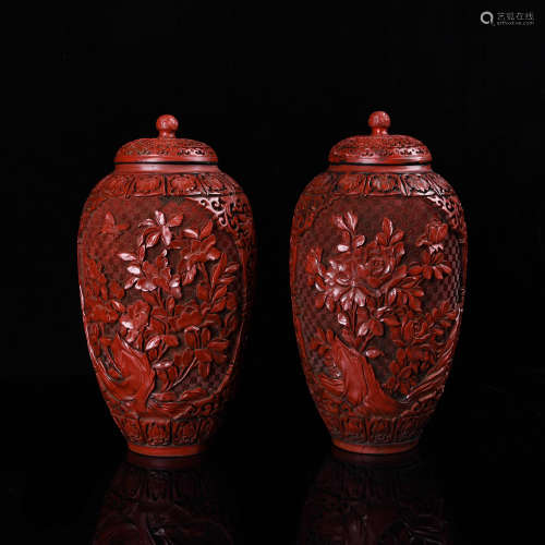 A Pair of Carved Cinnabar Lacquer Floral Vases Qianlong Mark