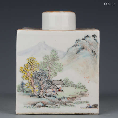 A Square kettle with light colorful porcelain and landscape