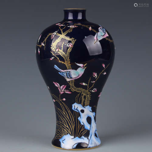 A Carved 'flower and bird' vase with blue glaze and designed figures in Qianlong period