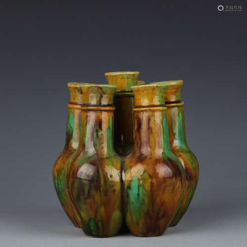 A Yellow green and purple three color glazed six-tube bottle