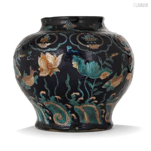 GUAN BALUSTRY JAR in sandstone and polychrome glaz…