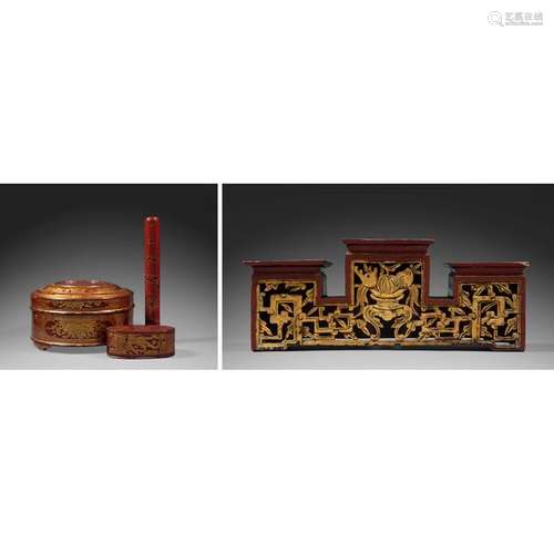 FOUR red lacquered wooden objects , comprising a c…