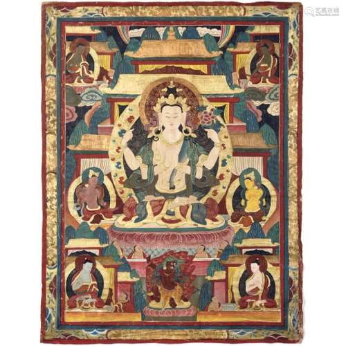 GRAND VERTICAL THANGKA in ink, polychromy and gild…
