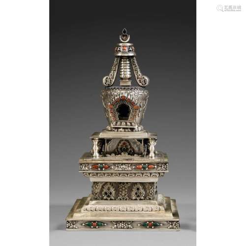 ~ STUPA made of a silvery copper alloy decorated w…